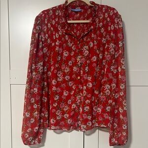 Draper James Red Ruffled Notched Collar Blouse